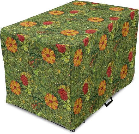 Ambesonne Floral Dog Crate Cover, Funky Flower Foliage Bush with Fractal Retro Jungle Art Design, Easy to Use Pet Kennel Cover for Medium Large Dogs, 42 Inch, Olive Green