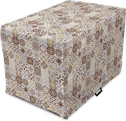 Lunarable Ethnic Dog Crate Cover, Portuguese Azulejo Mosaics with Floral Scrolls Retro Mediterranean, Easy to Use Pet Kennel Cover for Medium Large Dogs, 36 Inch, Chocolate Earth Yellow