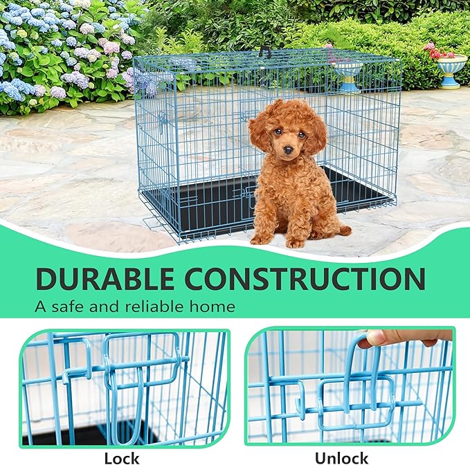 FDW 24 inch Dog Crate Dog Kennel Cage with Double Door Folding Metal Wire Dog Cage with Removable Tray&Divider Panel,Pet Crate for Small Dogs,Blue