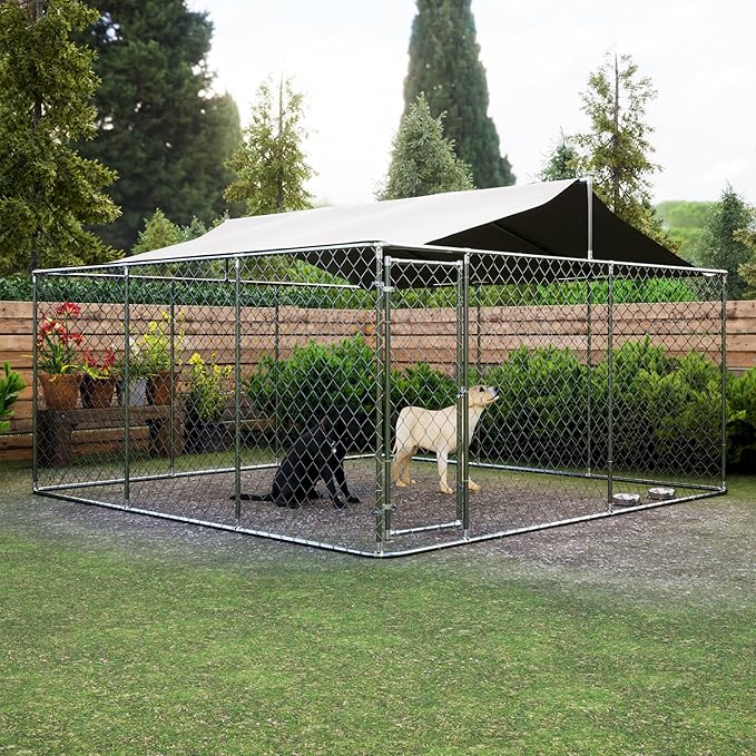 Large Outdoor Dog Cage with UV and Waterproof Cover,Metal Galvanized Rustproof Outdoor Puppy Fence,W/Security Door,Heavy Duty Kennel for Farm & Garden,Silver 13.1'Lx13.1'Wx5.8'H