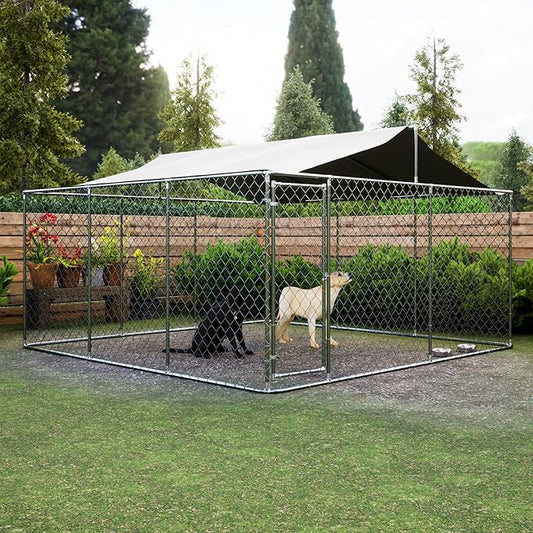 Large Outdoor Dog Cage with UV and Waterproof Cover,Metal Galvanized Rustproof Outdoor Puppy Fence,W/Security Door,Heavy Duty Kennel for Farm & Garden,Silver 13.1'Lx13.1'Wx5.8'H