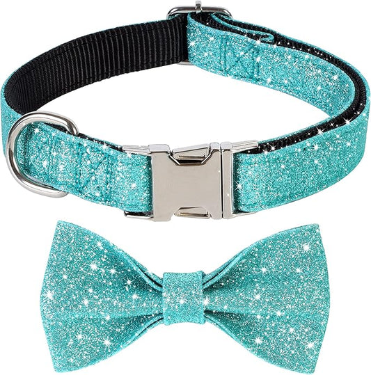 Bling Dog Bow Tie Collar for Small Medium Dogs, Cute Teal Boy Dog Collar with Bow for Daily Walking or Christmas Holiday (Neck fit 13-19’’)