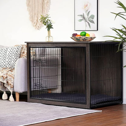 DWANTON Dog Crate Furniture with Cushion, XL Wooden Dog Crate with Double Doors, Large Dog Crate Furniture, Dog Kennel Indoor, End Table, Extra Large, 43.3" L, Dark Grey