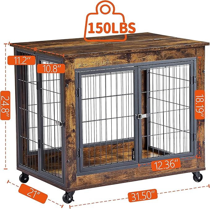 Furniture Style Dog Crate Side Table on Wheels,Decorative Pet House Heavy Duty Kennel with Double Doors and Lift Top,for Small and Medium Dogs,31.50'' W x 22.05'' D x 25'' H,Rustic Brown