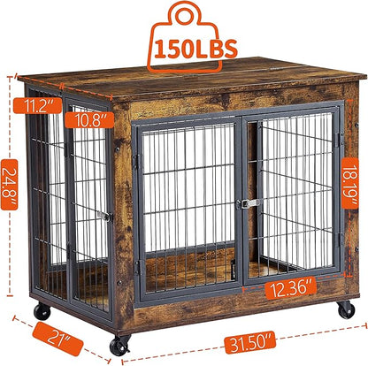 Furniture Style Dog Crate Side Table on Wheels,Decorative Pet House Heavy Duty Kennel with Double Doors and Lift Top,for Small and Medium Dogs,31.50'' W x 22.05'' D x 25'' H,Rustic Brown