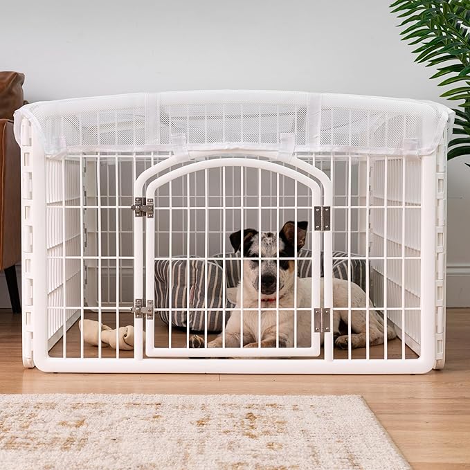 IRIS USA 24" Exercise 4-Panel Pet Playpen with Door + Mesh Top Cover for Dog Playpen, Dog Playpen, Puppy Playpen, for Small and Medium Dogs, Keep Pets Secure, Easy Assemble, Durable Material, White
