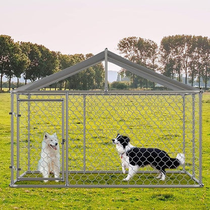 Large Outdoor Dog Cage with UV and Waterproof Cover,Metal Galvanized Rustproof Outdoor Puppy Fence,W/Security Door,Heavy Duty Kennel for Farm & Garden,Silver 9.8'Lx9.8'Wx4.4'H