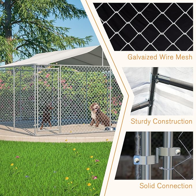 Large Outdoor Dog Kennel, Heavy Duty Galvanized Steel Dog Enclosure, Chicken Coop w/ Waterproof UV-Resistant Cover, Lockable Door Chain Link for Small & Large Pets, Backyard-157.2"L x 157.2"W x 91.2"H
