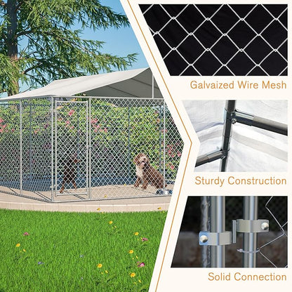 Large Outdoor Dog Kennel, Heavy Duty Galvanized Steel Dog Enclosure, Chicken Coop w/ Waterproof UV-Resistant Cover, Lockable Door Chain Link for Small & Large Pets, Backyard-177.6"L x 177.6"W x 91.2"H