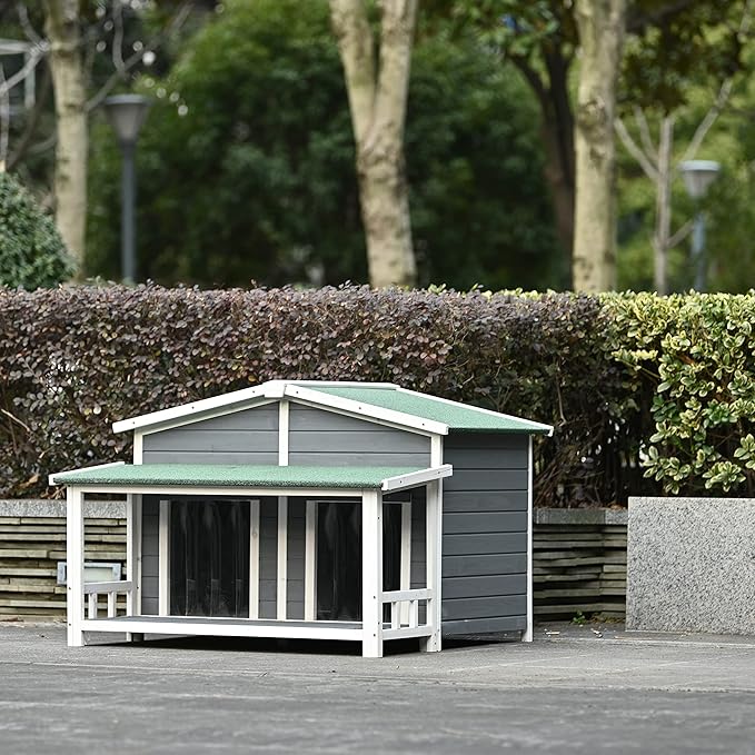 Merax 47" Outdoor Wooden Dog House with Porch, Asphalt Roof, 2" Height Raised Feet and Two Plastic Door Curtains, Brown