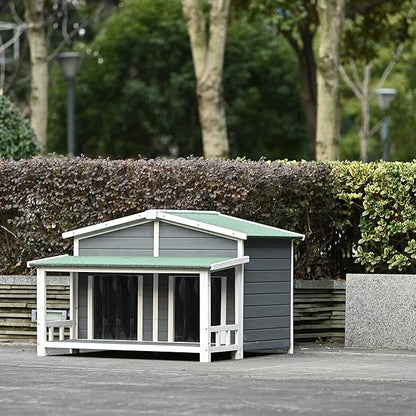 Merax 47" Outdoor Wooden Dog House with Porch, Asphalt Roof, 2" Height Raised Feet and Two Plastic Door Curtains, Brown