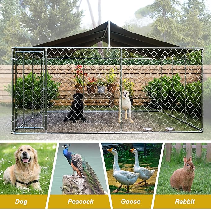 Large Outdoor Dog Cage with UV and Waterproof Cover,Metal Galvanized Rustproof Outdoor Puppy Fence,W/Security Door,Heavy Duty Kennel for Farm & Garden,Silver 13.1'Lx13.1'Wx5.8'H