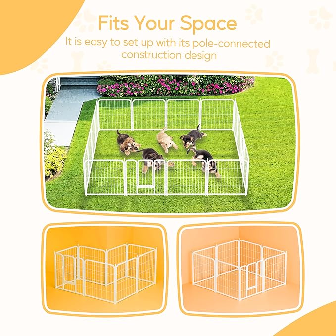 HealSmart Dog Playpen 24 Inch 8 Panels, Heavy Duty Metal Portable Pet Playpen Indoor Outdoor for Camping, Yard, RV, Garden Fence, Privacy Patio, White