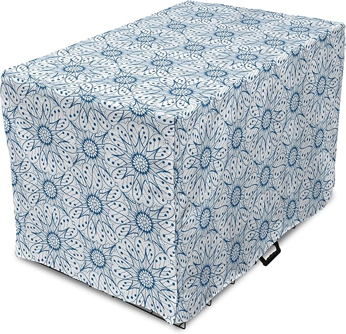 Ambesonne Blue and White Dog Crate Cover, Dutch Tile Design with Large Flowers and Detailed Petals Antique Ethnic, Easy to Use Pet Kennel Cover for Medium Large Dogs, 42 Inch, White Blue