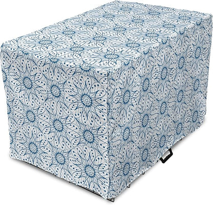 Ambesonne Blue and White Dog Crate Cover, Dutch Tile Design with Large Flowers and Detailed Petals Antique Ethnic, Easy to Use Pet Kennel Cover for Medium Large Dogs, 42 Inch, White Blue