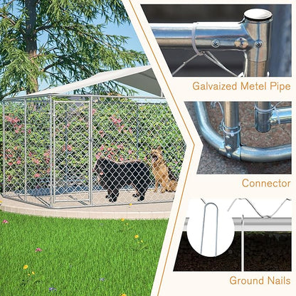 Large Outdoor Dog Kennel, Heavy Duty Galvanized Steel Dog Enclosure, Chicken Coop w/Waterproof UV-Resistant Cover, Lockable Door Chain Link for Small & Large Pets, Backyard-157.2" L x 91.2" W x 90" H