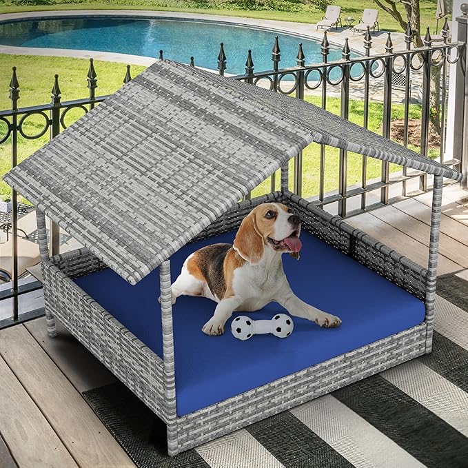 YITAHOME Large Wicker Dog House with Cushion Outdoor Indoor Rattan Doghouse Elevated Raised Dog Bed with Canopy Water Resistant Dog Cot for Small, Medium, and Large Dogs, Gray & Blue