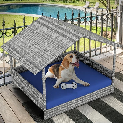 YITAHOME Large Wicker Dog House with Cushion Outdoor Indoor Rattan Doghouse Elevated Raised Dog Bed with Canopy Water Resistant Dog Cot for Small, Medium, and Large Dogs, Gray & Blue