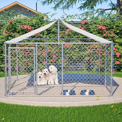 Outdoor Dog Enclosure,Heavy Duty Dog Kennel House Mesh Outside,Galvanized Chain Link Dog Run with Roof,Dog Cage Large Dogs,Dog Pen,Pet Kennel W/Waterproof Anti-UV Cover&Secure Lock for Large Dog
