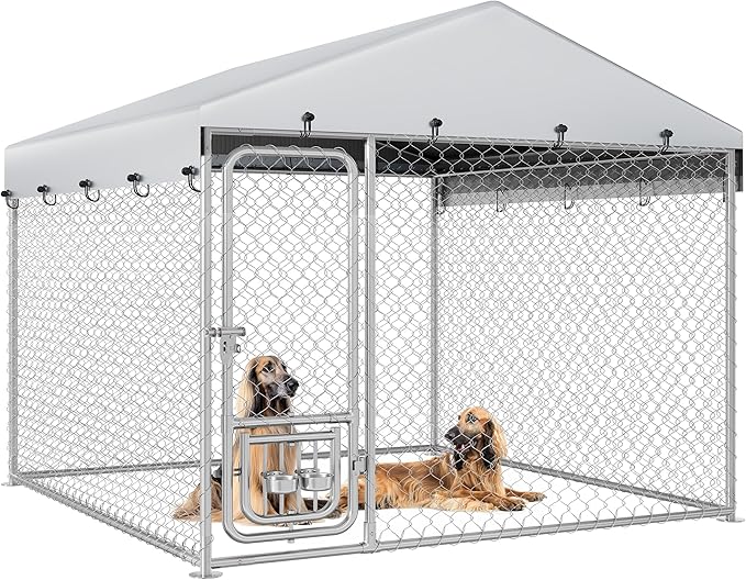 YITAHOME Outdoor Dog Kennel with Rotating Feeder Bowls, 7.5'x7.5' Outdoor Dog Enclosure with Roof, Heavy Duty Dog Cage for Medium Large Dogs