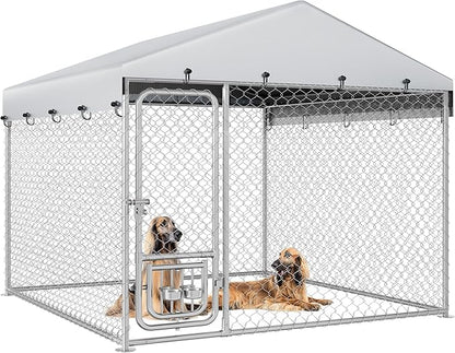 YITAHOME Outdoor Dog Kennel with Rotating Feeder Bowls, 7.5'x7.5' Outdoor Dog Enclosure with Roof, Heavy Duty Dog Cage for Medium Large Dogs