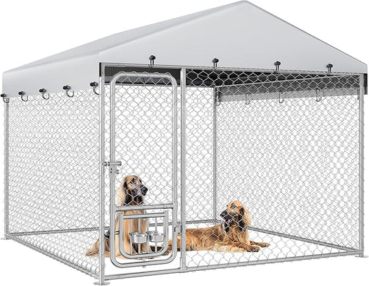 YITAHOME Outdoor Dog Kennel with Rotating Feeder Bowls, 7.5'x7.5' Outdoor Dog Enclosure with Roof, Heavy Duty Dog Cage for Medium Large Dogs
