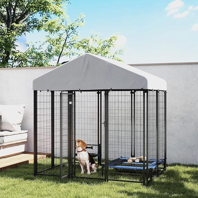 PawHut Outdoor Dog Kennel, 5.9' x 4' x 6' Heavy Duty Welded Wire Dog Playpen Enclosure with Roof, Escape-Proof Lock, UV-Resistant & Waterproof Cover, for Medium Dogs, Silver