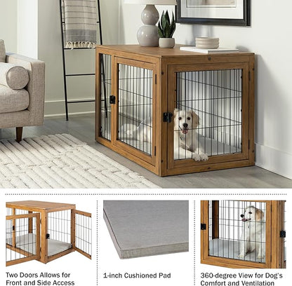 Furniture-Style Dog Crate - Acacia Wood Kennel for Large Dogs with Double Doors and Cushion - Dog Kennel Furniture by PETMAKER (Natural)