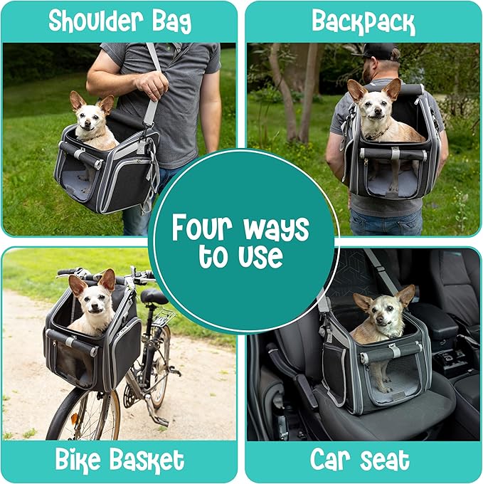 Dog Bike Basket, Mesh Windows, 2 Safety Leashes, Soft Sided, Safe Comfortable Pet Carrier for Small Dogs, Cats (Black)