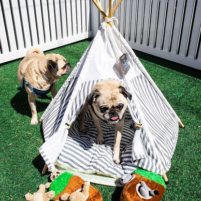 Dog Teepee Cozy Retreat, Portable Pet Tent for Small Dogs with Soft Cushion, Easy to Clean Canvas Pet House, 27.5 x 23.6 inches, Foldable Grey and White Striped