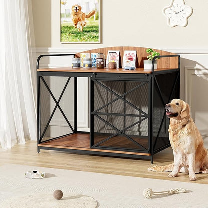 Merax 42.8" Heavy Duty Large Dog Crate Furniture for Large Medium Dog, Farmhouse Wooden Dog Kennel Indoor End Table, Decorative Pet House for Dogs, Brown