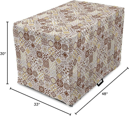 Lunarable Ethnic Dog Crate Cover, Portuguese Azulejo Mosaics with Floral Scrolls Retro Mediterranean, Easy to Use Pet Kennel Cover for Medium Large Dogs, 48 Inch, Chocolate Earth Yellow