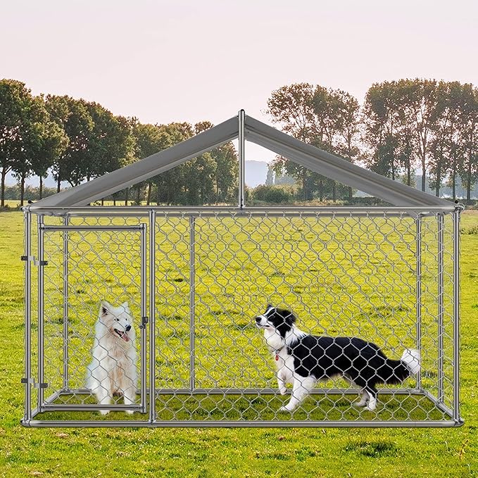 9.8' Outdoor Dog Cage with Waterproof UV-Resistant Cover,Large Metal Galvanized Rustproof Outdoor Puppy Fence W/Security Door,Heavy Duty Kennel for Farm & Garden,Silver