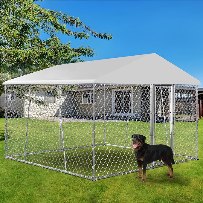 Upgraded 10×10×7FT Outdoor Dog Kennel with Roof, Large Dog House Pen Enclosure with Sidebar, Heavy Duty Chain Link Kennel with Lock for Outside Backyard