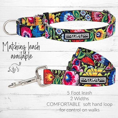 Lucky Love Dog Wide Martingale Dog Collar - No-Slip, Durable, & Soft Webbing 1.5 inch Martingale Collar for Dogs Male and Female - Ideal for Training & Walking, Stylish Blackbird Pattern, Medium Size