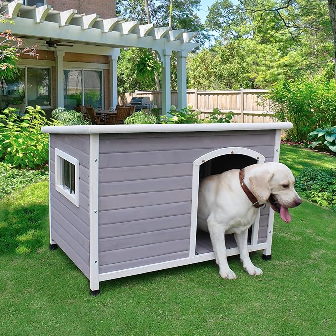 44" Wooden Large Dog Houses Outdoor Indoor, Waterproof Dog Houses Outside with Window Dog House for Small to Large Sized Dogs-Grey