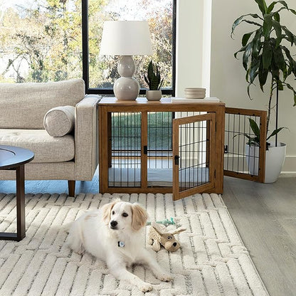 Furniture-Style Dog Crate - Acacia Wood Kennel for Medium Dogs with Double Doors and Cushion - Dog Cage Furniture by PETMAKER (Natural)