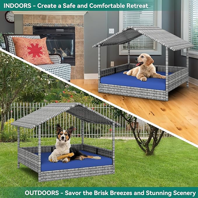 YITAHOME Large Wicker Dog House with Cushion Outdoor Indoor Rattan Doghouse Elevated Raised Dog Bed with Canopy Water Resistant Dog Cot for Small, Medium, and Large Dogs, Gray & Blue