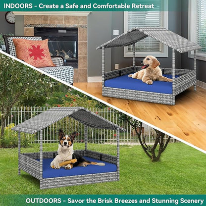 YITAHOME Large Wicker Dog House with Cushion Outdoor Indoor Rattan Doghouse Elevated Raised Dog Bed with Canopy Water Resistant Dog Cot for Small, Medium, and Large Dogs, Gray & Blue