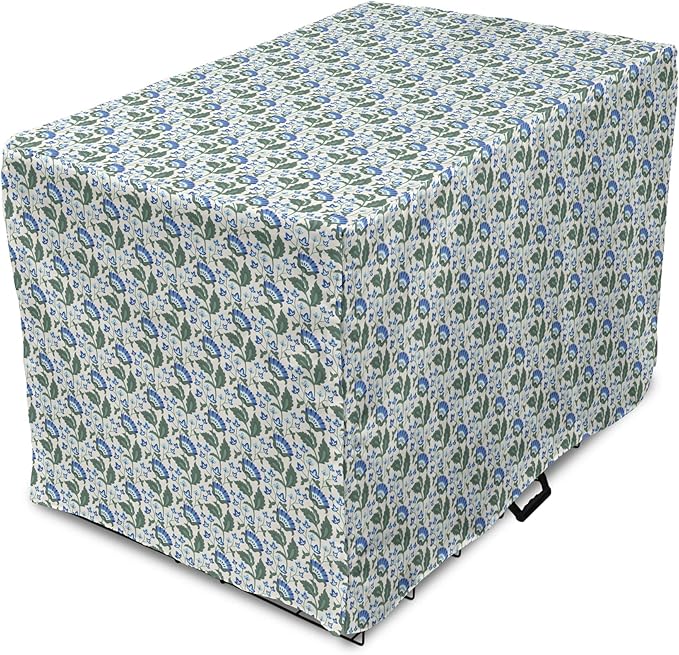 Lunarable Jacobean Dog Crate Cover, Herbal Pattern Pastoral Vintage Rustic Wedding Inspired Foliage Springtime, Easy to Use Pet Kennel Cover for Cats & Medium Dogs, 24 Inch, Blue Green Cream
