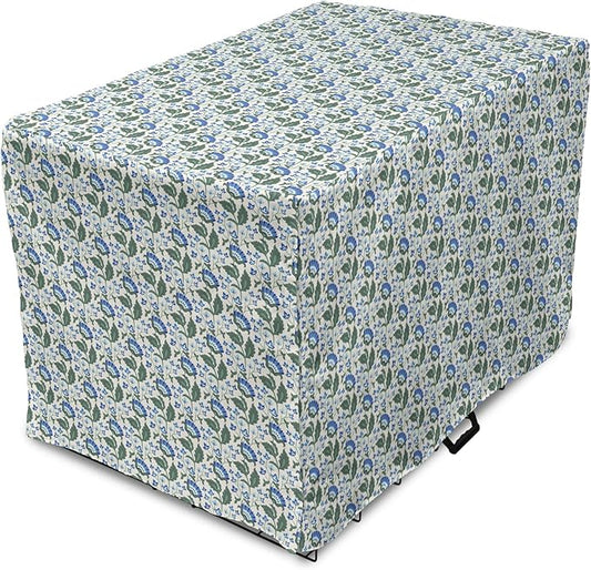 Lunarable Jacobean Dog Crate Cover, Herbal Pattern Pastoral Vintage Rustic Wedding Inspired Foliage Springtime, Easy to Use Pet Kennel Cover for Cats & Medium Dogs, 24 Inch, Blue Green Cream