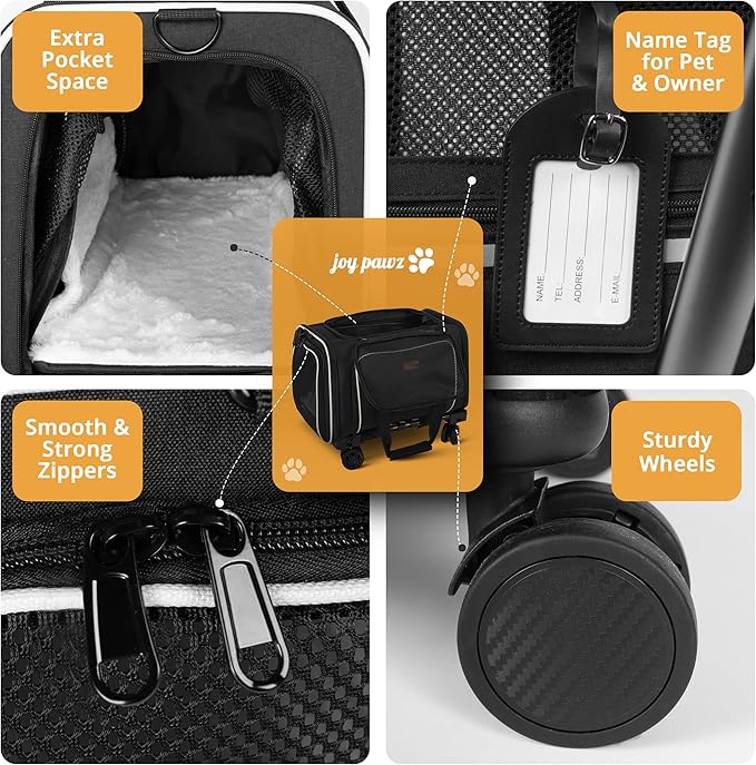 Pet Carrier for Travel - Airline Approved - Dogs/Cats Expandable & Roomy - Premium Pets Carrier with Wheels - Cozy Soft-Lined Travel Carrier - Stylish Black Design