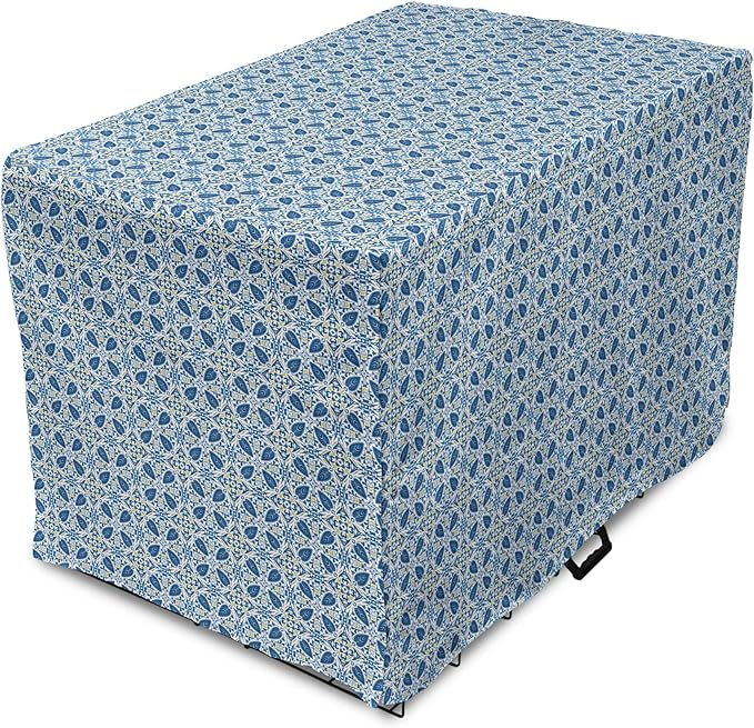 Lunarable Yellow and Blue Dog Crate Cover, Portuguese Traditional Tiles Abstract Mosaic Floral Swirl Motifs, Easy to Use Pet Kennel Cover for Small Dogs Puppies Kittens, 22 Inch, Blue Orange Yellow