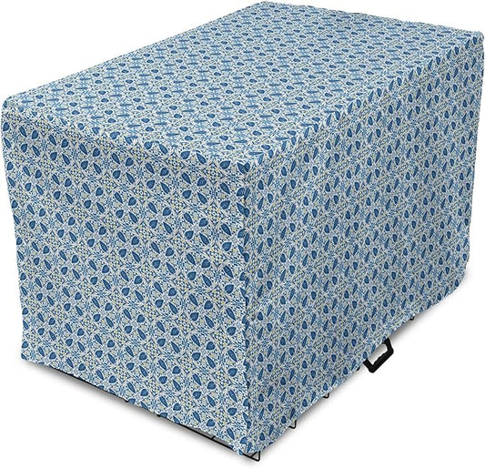 Lunarable Yellow and Blue Dog Crate Cover, Portuguese Traditional Tiles Abstract Mosaic Floral Swirl Motifs, Easy to Use Pet Kennel Cover for Cats & Medium Dogs, 30 Inch, Blue Orange Yellow