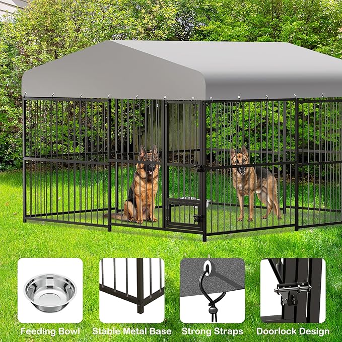 Large Outdoor Dog Kennel, Heavy Duty Dog Cage with Roof, Dog Kennel Galvanized Iron Dog House with Safety Locks,UV & Water Resistant Proof Cover, for Garden Backyard Black (10x10x6FT)