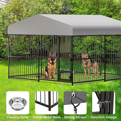 Large Outdoor Dog Kennel, Heavy Duty Dog Cage with Roof, Dog Kennel Galvanized Iron Dog House with Safety Locks,UV & Water Resistant Proof Cover, for Garden Backyard Black (10x10x6FT)