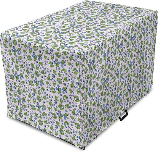 Lunarable Berries Dog Crate Cover, Cartoon Style Layout of Blueberries and Leaves Blooming on Branches, Easy to Use Pet Kennel Cover for Medium Large Dogs, 36 Inch, Pale Mauve Green