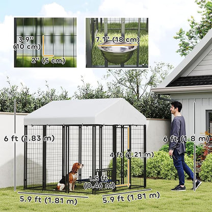 PawHut 5.9' x 5.9' x 6' Outdoor Dog Kennel, Welded Wire Heavy Duty Dog Run with 360° Rotating & 4 Level Adjustable Bowls, Dog Kennel Outside with Waterproof & UV Resistant Cover, for Large Dogs