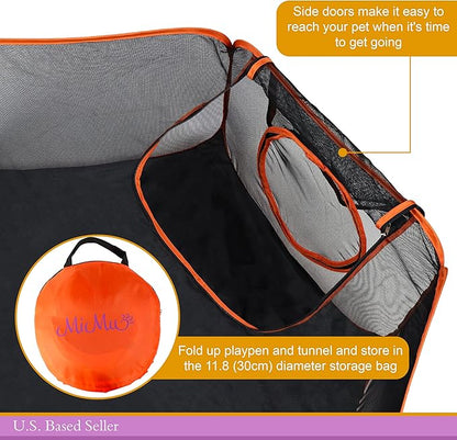 MiMu Dog Playpen Indoor Outdoor 4 Foot Cat Tent with Exercise Tunnel - Orange Pop Up Travel Playpen for Puppies, Kittens, Rabbits, Guinea Pigs, and Small Pets - Portable Enclosed Mesh Pen with Case
