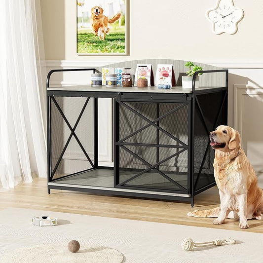 Merax 42.8" Heavy Duty Large Dog Crate Furniture for Large Medium Dog, Farmhouse Wooden Dog Kennel Indoor End Table, Decorative Pet House for Dogs, Gray